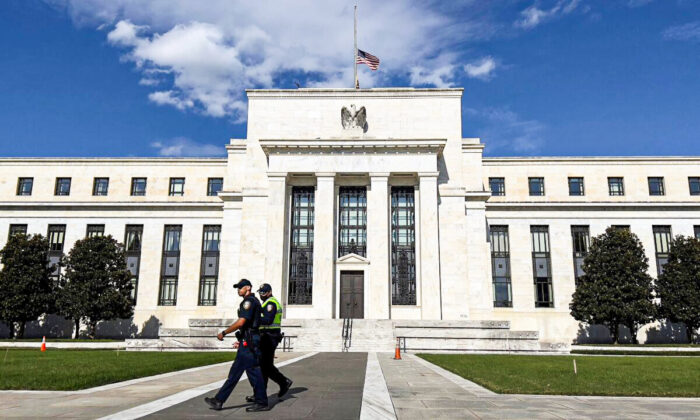 The Federal Reserve building in Washington, on Oct. 22, 2021. (Daniel Slim/AFP via Getty Images)