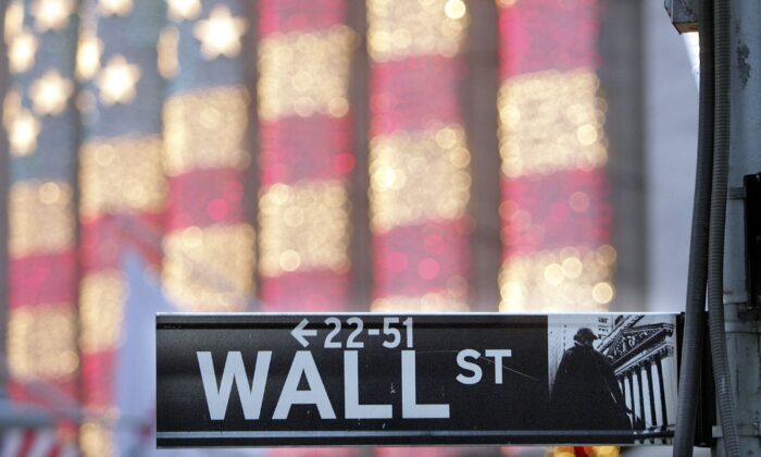 A Wall Street sign is seen in front of the New York Stock Exchange in New York City on Dec. 21, 2006. (Mario Tama/Getty Images)
