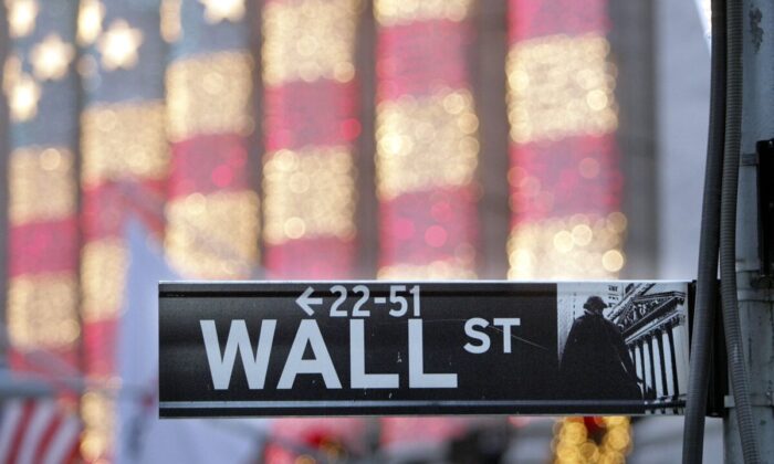 A Wall Street sign is seen in front of the New York Stock Exchange in New York City on Dec. 21, 2006. (Mario Tama/Getty Images)
