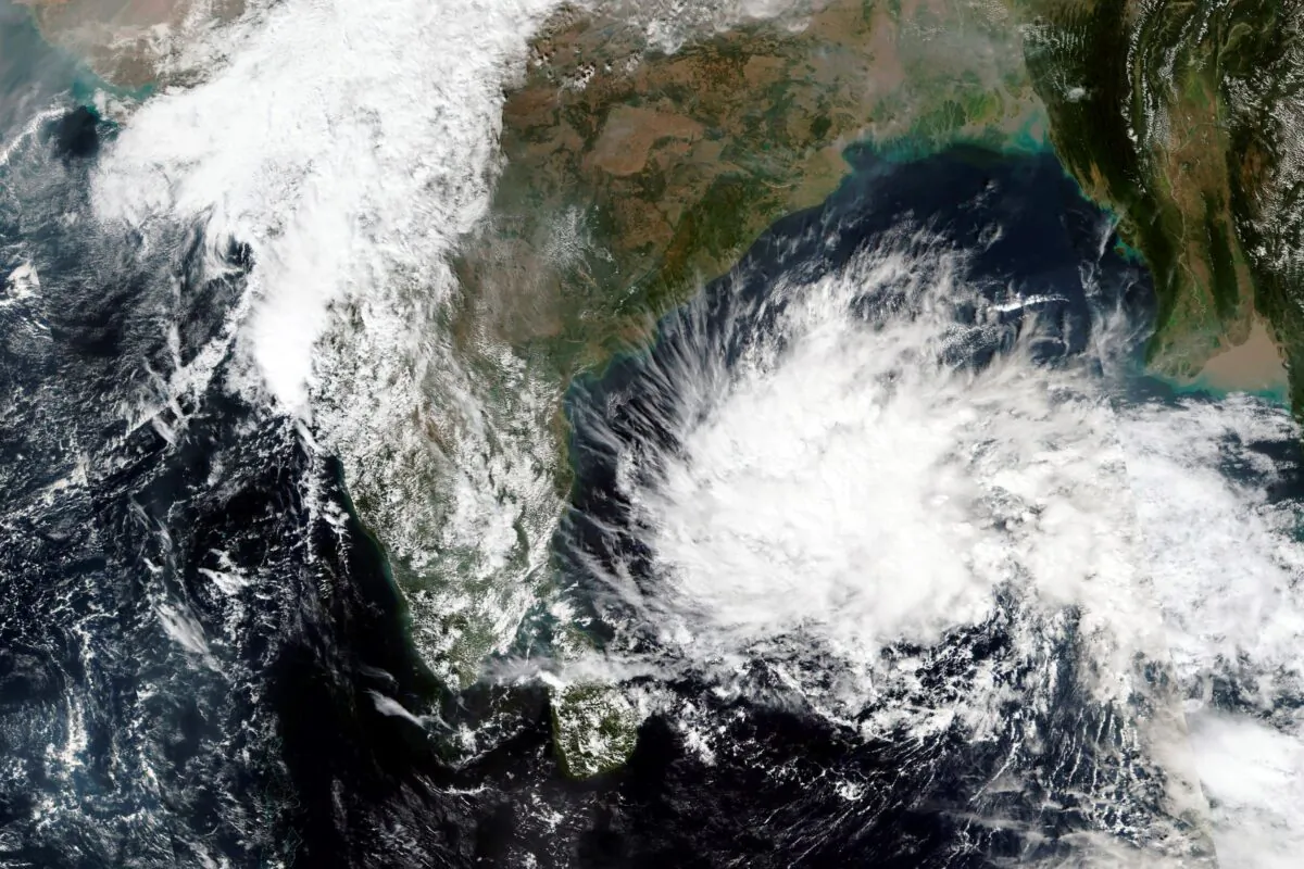 A storm brewing in the Bay of Bengal, on Dec, 2, 2021, in a satellite image. (NASA Worldview, Earth Observing System Data and Information System (EOSDIS) via AP)