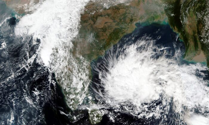 A storm brewing in the Bay of Bengal, on Dec, 2, 2021, in a satellite image. (NASA Worldview, Earth Observing System Data and Information System (EOSDIS) via AP)