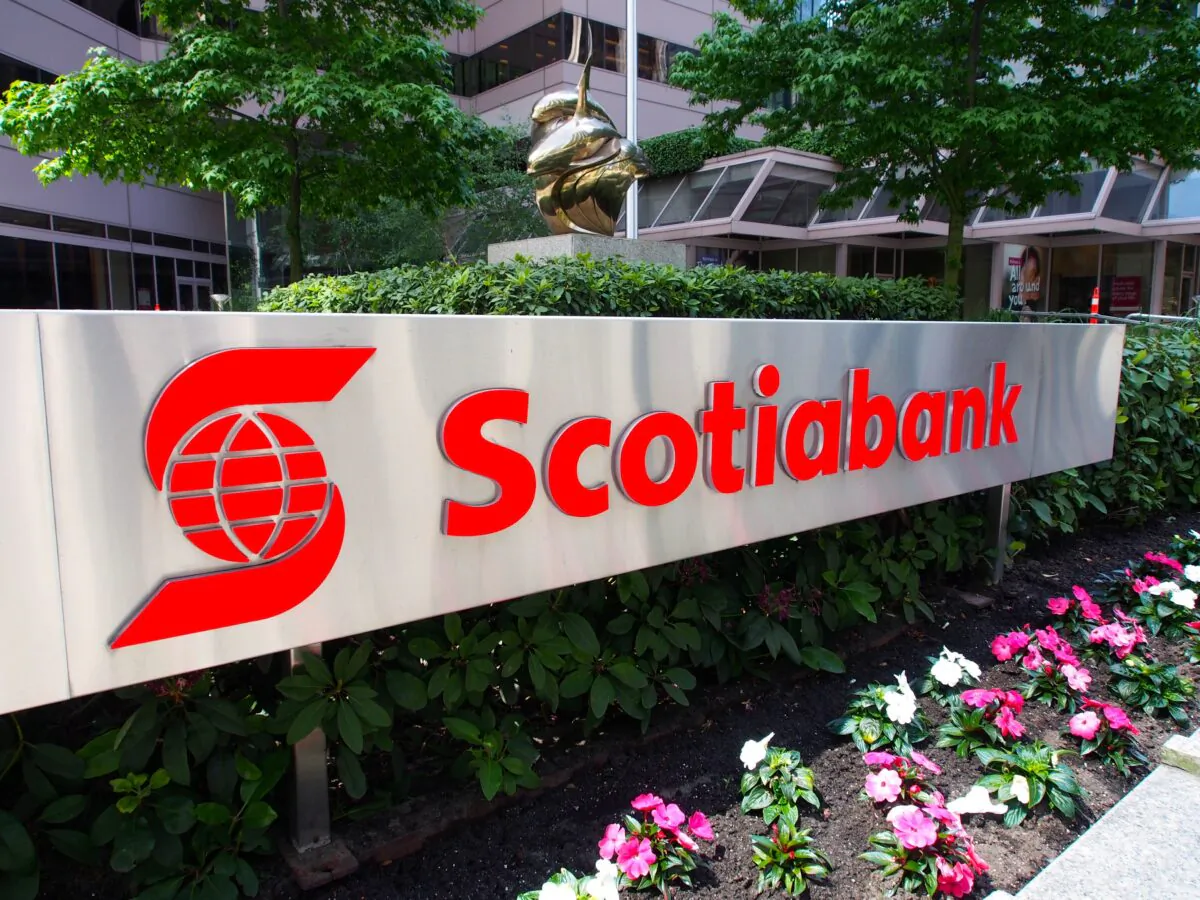 The sign outside a Scotiabank (Bank of Nova Scotia) in Vancouver, B.C., in a file photo. (Robert MacPherson/AFP via Getty Images)