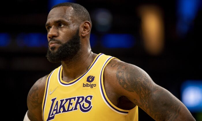 LeBron James of the Los Angeles Lakers is seen during a game in Boston, Mass., on Nov. 19, 2021. (Maddie Malhotra/Getty Images)