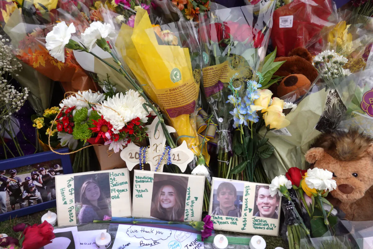 A memorial outside of Oxford High School is seen in Oxford, Mich., on Dec. 3, 2021. (Scott Olson/Getty Images)