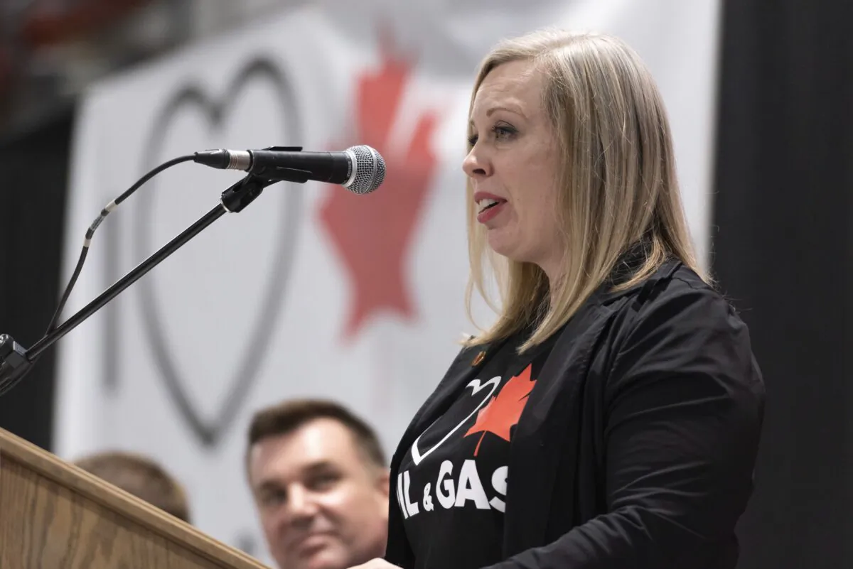 Saskatchewan Senator Denise Batters speaks during a pro-pipeline rally at IJACK Technologies Inc. near Moosomin, Sask., on  February 16, 2019. (The Canadian Press/Michael Bell)