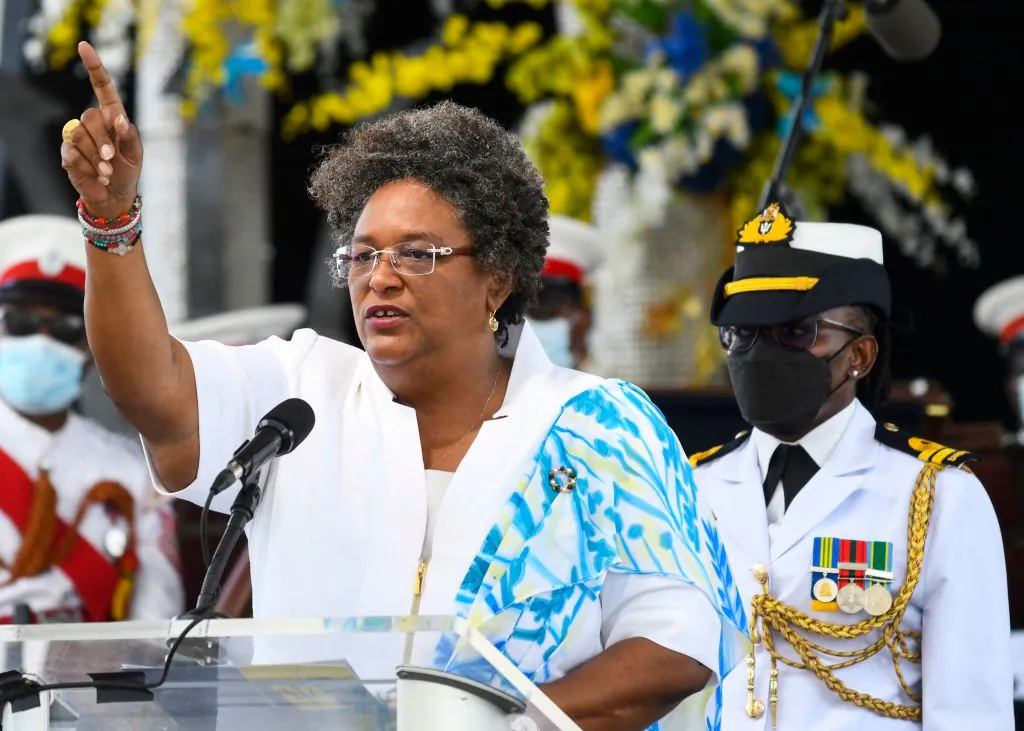 The Prime Minister of Barbados, Mia Mottley, speaks during the National Honors ceremony and Independence Day Parade at Heroes Square in Bridgetown, Barbados, on Nov. 30, 2021. (Randy Brooks/AFP via Getty Images)