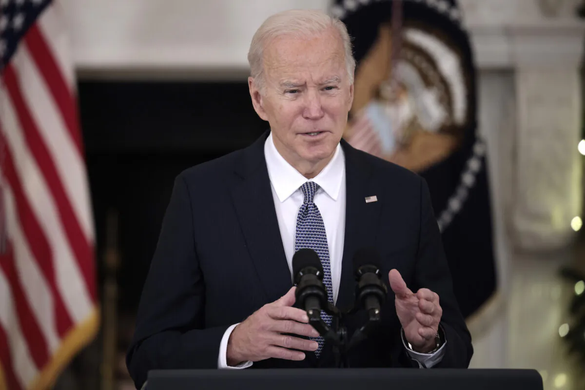 President Joe Biden gestures as he speaks at a press briefing at the White House on Dec. 3, 2021. (Anna Moneymaker/Getty Images)