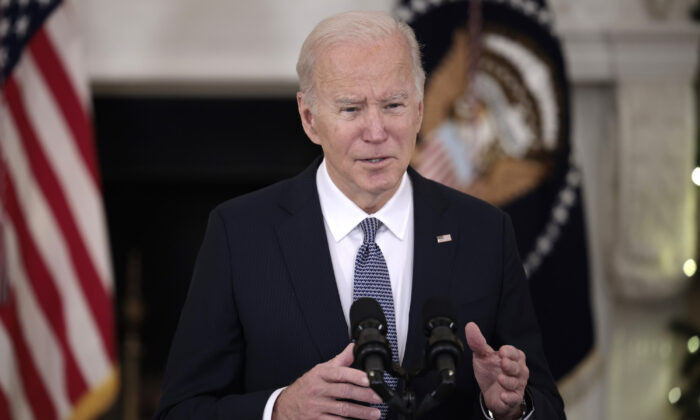 President Joe Biden gestures as he speaks at a press briefing at the White House on Dec. 3, 2021. (Anna Moneymaker/Getty Images)