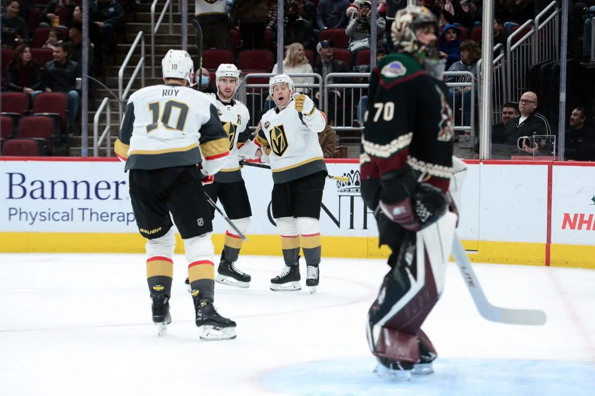 Vegas Golden Knights forward Jonathan Marchessault (81) celebrates his goal against Arizona Coyotes goaltender Karel Vejmelka (70) during the first period at Gila River Arena in Glendale, Ariz., on Dec 3, 2021. (Joe Camporeale/USA TODAY Sports via Field Level Media)