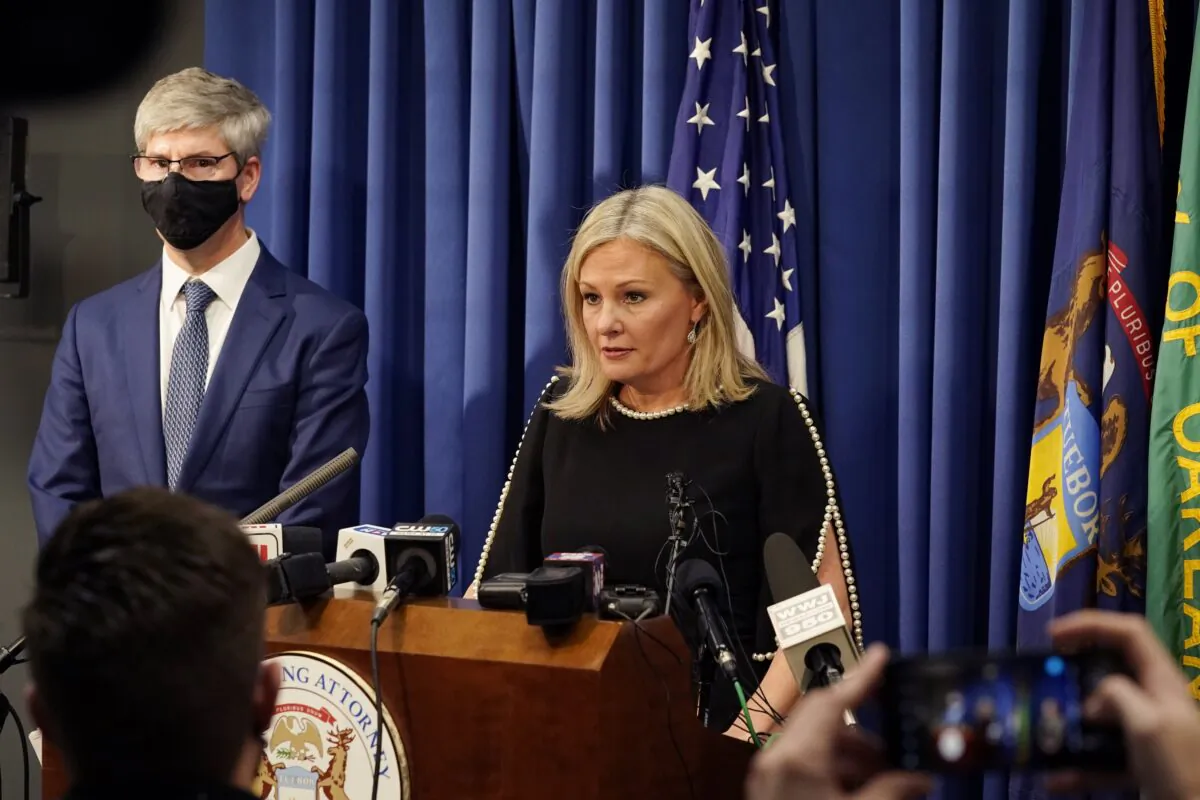 Oakland County Prosecutor Karen McDonald addresses the media in her office in Pontiac, Mich., on Dec. 3, 2021. (Carlos Osorio/AP Photo)