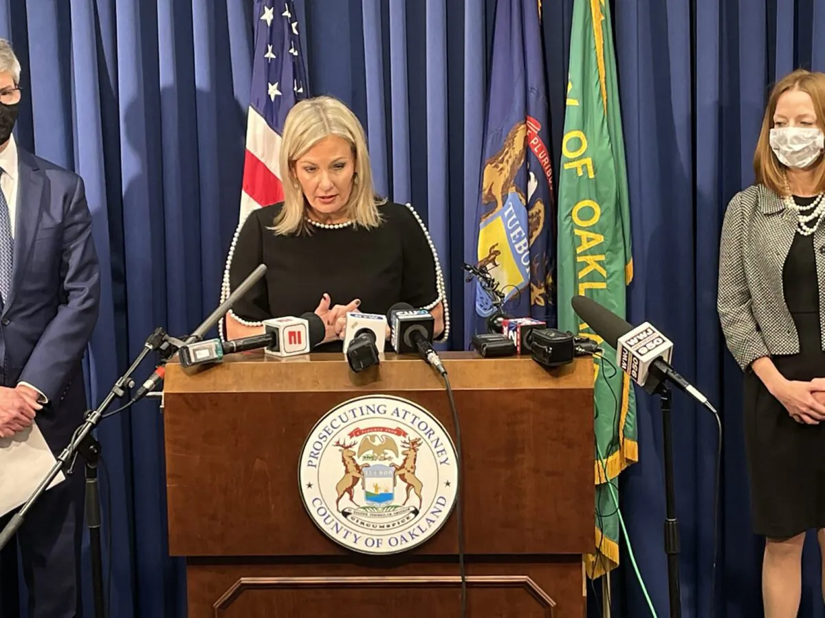 Oakland County Prosecutor Karen McDonald announces multiple manslaughter charges against James and Jennifer Crumbley, parents of Oxford High School shooting suspect Ethan Crumbley during a press conference on Dec. 3, 2021. (Eric Seals/Detroit Free Press via TCA)