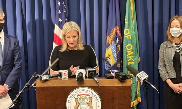 Oakland County Prosecutor Karen McDonald announces multiple manslaughter charges against James and Jennifer Crumbley, parents of Oxford High School shooting suspect Ethan Crumbley during a press conference on Dec. 3, 2021. (Eric Seals/Detroit Free Press via TCA)