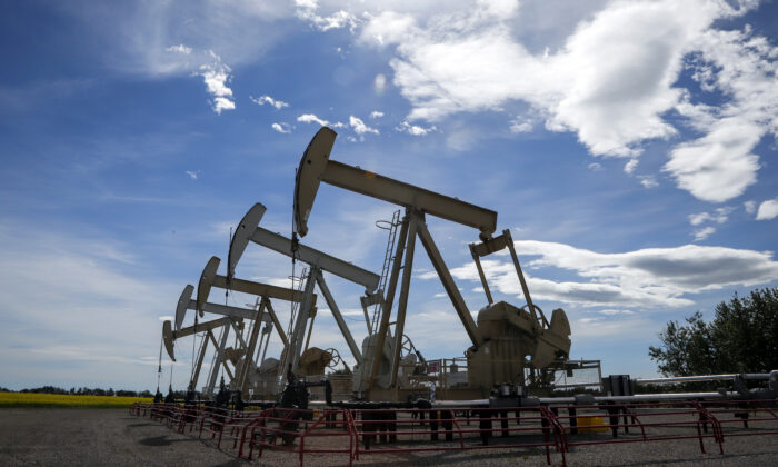 Pumpjacks draw oil out of the ground near Olds, Alberta., on July 16, 2020. (The Canadian Press/Jeff McIntosh)