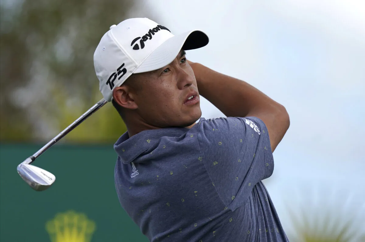 Collin Morikawa of the United States watches his shot on the second tee on day three of the Hero World Challenge PGA Tour at the Albany Golf Club, in New Providence, Bahamas, on Dec. 4, 2021. (Fernando Llano/AP Photo)