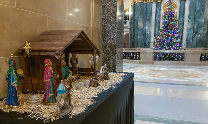 A traditional Nativity scene is tucked in an alcove on the second level of the Wisconsin State Capitol in Madison on Dec. 4, 2021. (Joseph Hanneman/  Pezou)