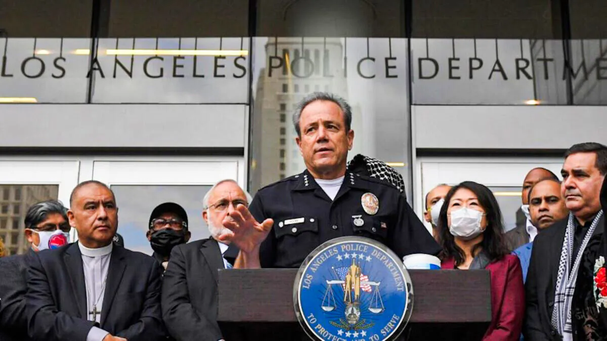 Los Angeles Police Chief Michel Moore speaks during a vigil with members of professional associations and the interfaith community at Los Angeles Police Department headquarters in Los Angeles, on June 5, 2020. (Mark J. Terrill/File/AP Photo)