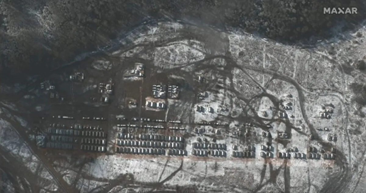 A satellite photo said to show Russian troop tents and administrative area near the Ukrainian border, between Oct. 18 and Nov. 26, 2021. (Maxar via AP/Screenshot via The Epoch Times)