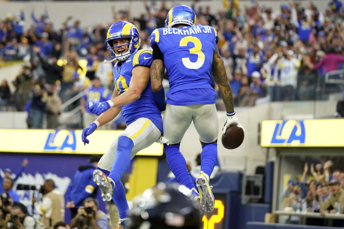 Los Angeles Rams wide receiver Odell Beckham Jr. (3) celebrates his touchdown catch with Cooper Kupp during the second half of an NFL football game against the Jacksonville Jaguars in Inglewood, Calif., on Dec. 5, 2021. (Jae C. Hong/AP Photo)