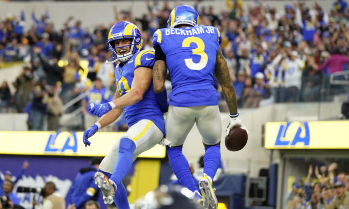Los Angeles Rams wide receiver Odell Beckham Jr. (3) celebrates his touchdown catch with Cooper Kupp during the second half of an NFL football game against the Jacksonville Jaguars in Inglewood, Calif., on Dec. 5, 2021. (Jae C. Hong/AP Photo)