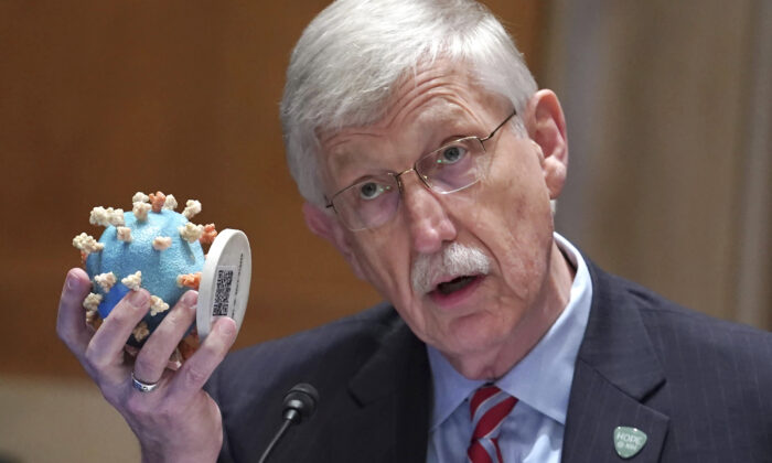 Le directeur des NIH, le Dr Francis Collins, brandit un modèle du coronavirus alors qu’il témoigne devant un sous-comité des crédits du Sénat examinant les estimations budgétaires de l’Institut national de la santé (NIH) et de l’état de la recherche médicale, au Capitole le 26 mai 2021. (Sarah Silbiger/Piscine via AP) 