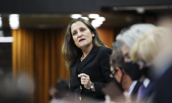 Minister of Finance Chrystia Freeland rises during question period in the House of Commons on Parliament Hill in Ottawa on  Dec. 2, 2021. (The Canadian Press/Sean Kilpatrick)