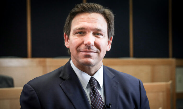 Florida Gov. Ron DeSantis is interviewed by The Epoch Times after signing into law Senate Bill 7072 at Florida International University in Miami on May 24, 2021. (Samira Bouaou/The Epoch Times)