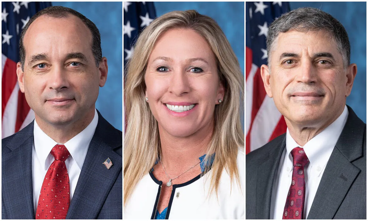 U.S. Reps. Bob Good (R-Va.), Marjorie Taylor Greene (R-Ga.), and Andrew Clyde (R-Ga.). (U.S. Congress)