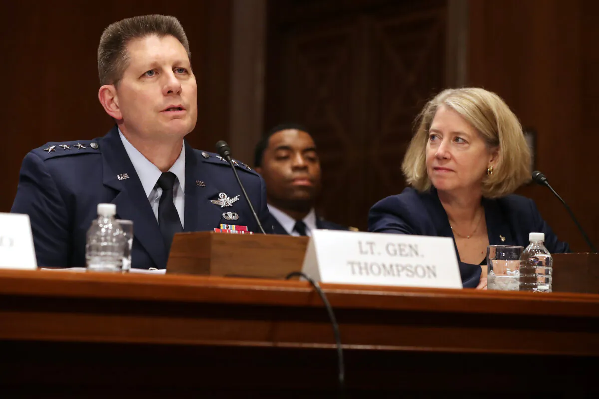 Gen. David Thompson (L), then-vice commander of U.S. Air Force Space Command, testifies before the Senate Aviation and Space Subcommittee in the Dirksen Senate Office Building on Capitol Hill on May 14, 2019. (Chip Somodevilla/Getty Images)