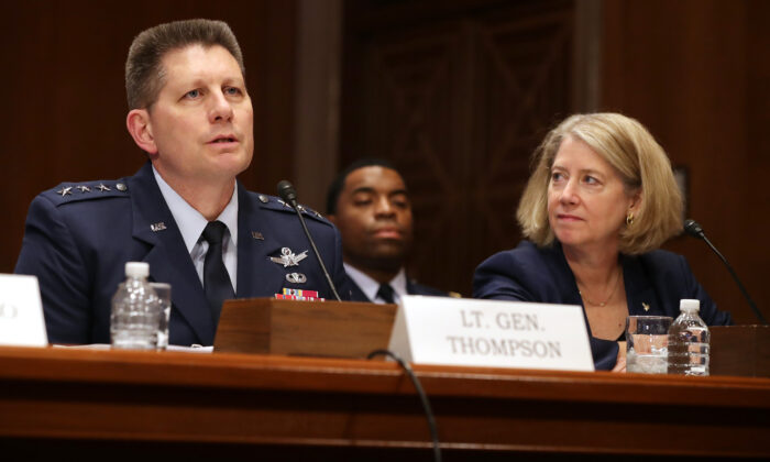 Gen. David Thompson (L), then-vice commander of U.S. Air Force Space Command, testifies before the Senate Aviation and Space Subcommittee in the Dirksen Senate Office Building on Capitol Hill on May 14, 2019. (Chip Somodevilla/Getty Images)