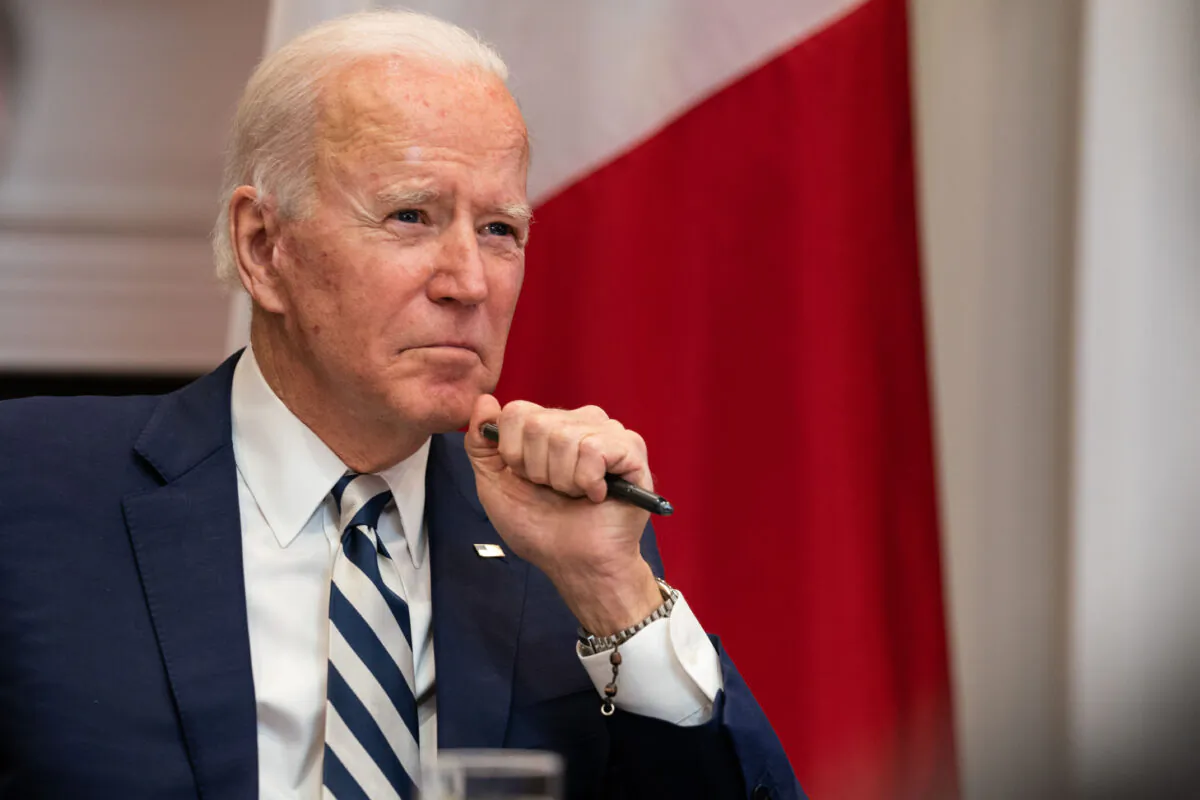 President Joe Biden looks on during a virtual meeting with Mexican President Andrés Manuel López Obrador in the Roosevelt Room of the White House in Washington on March 1, 2021. (Anna Moneymaker/Pool/Getty Images)