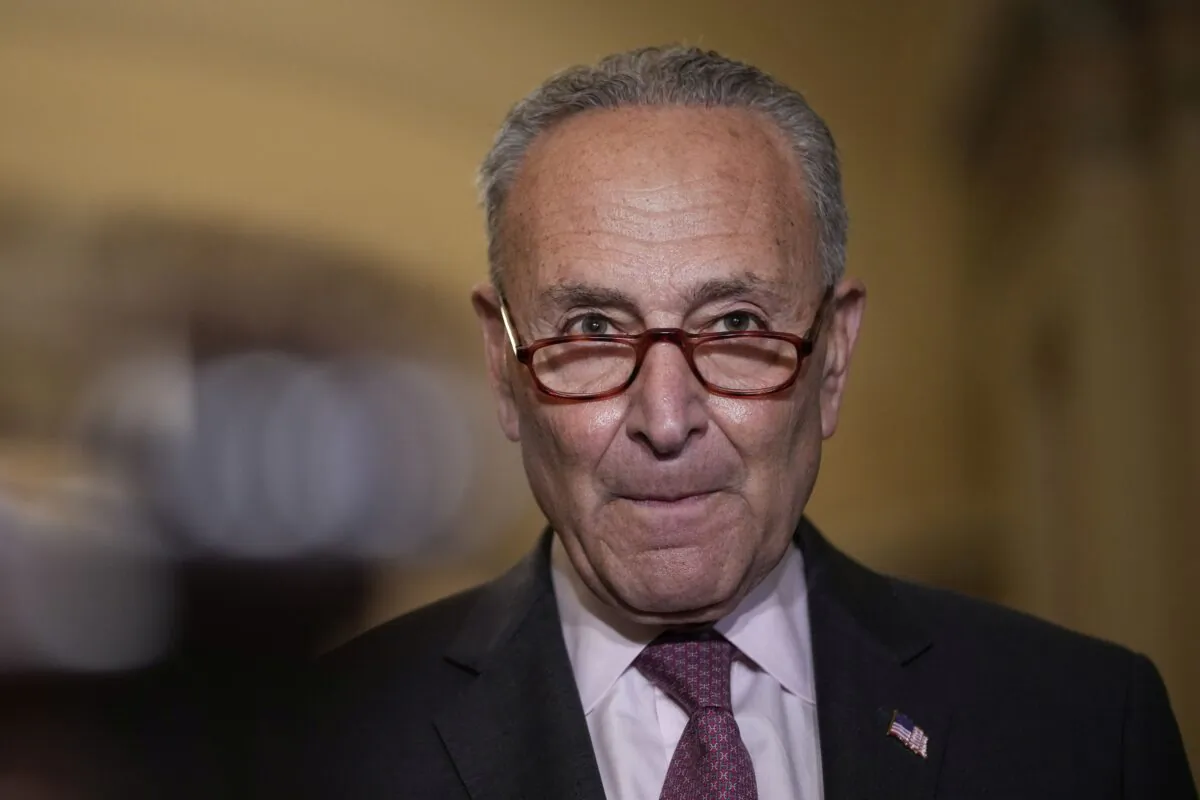 U.S. Senate Majority Leader Chuck Schumer speaks to reporters after a lunch meeting with Senate Democrats discussing a range of issues including the debt ceiling, in Washington on Sept. 28, 2021. (Drew Angerer/Getty Images)