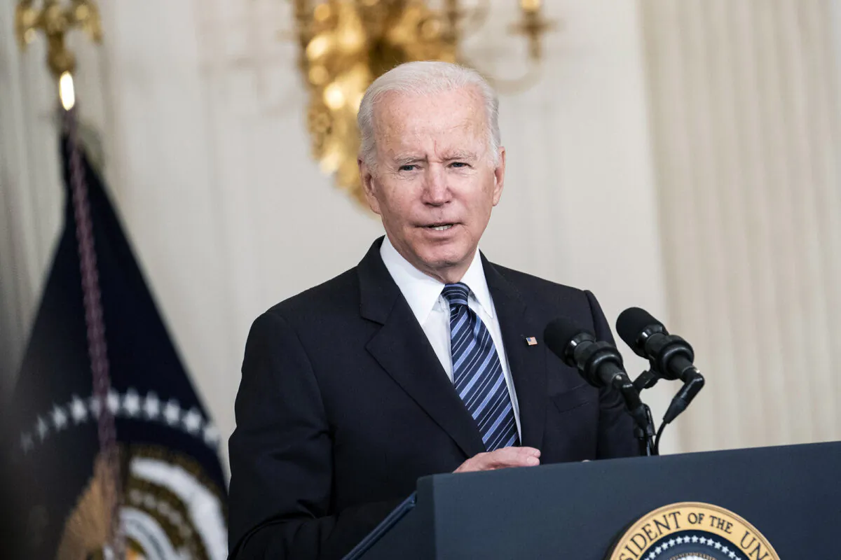 President Joe Biden delivers remarks on the October jobs reports in the State Dining Room at the White House on Nov. 5, 2021. (Sarah Silbiger/Getty Images)