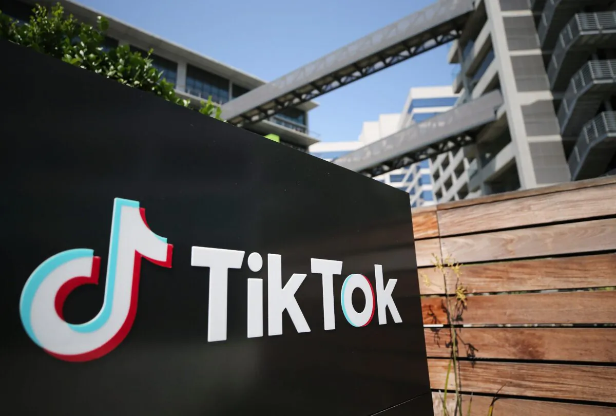 The TikTok logo is displayed outside a TikTok office in Culver City, Calif., on Aug. 27, 2020. (Mario Tama/Getty Images)