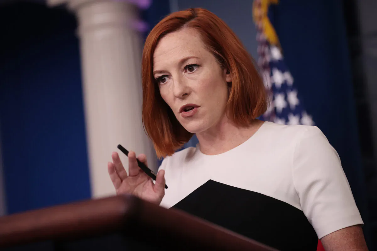 White House press secretary Jen Psaki talks to reporters during the daily press conference in the Brady Press Briefing Room at the White House in Washington, on Dec. 6, 2021. The United States won’t send an official delegation to Beijing for the 2022 Winter Olympics in protest against the Chinese regime’s ongoing genocide and crimes against humanity. (Chip Somodevilla/Getty Images)