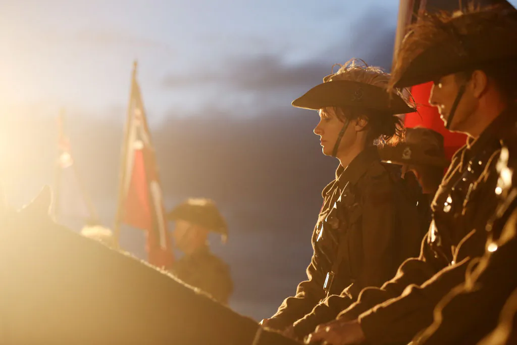 Members of the Mudgeeraba light horse troop take part in the ANZAC dawn service on April 25, 2018 in Currumbin, Australia. (Chris Hyde/Getty Images)