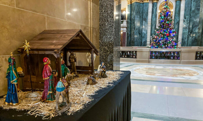 A traditional Nativity scene is tucked in an alcove on the second level of the Wisconsin State Capitol in Madison on Dec. 4, 2021. (Joseph Hanneman/The Epoch Times)
