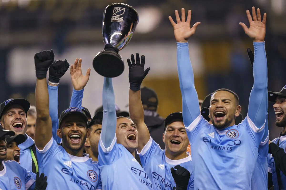 New York City FC celebrates winning the MLS Eastern Conference Championship in Chester, Pa., on Dec. 5, 2021. (Chris Szagola/AP Photo)
