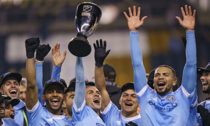 New York City FC celebrates winning the MLS Eastern Conference Championship in Chester, Pa., on Dec. 5, 2021. (Chris Szagola/AP Photo)