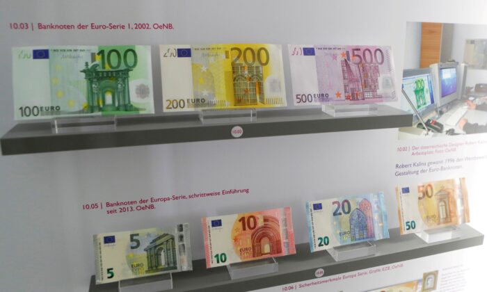 Euro bank notes are exhibited at Austrian central bank's Money Museum in Vienna, Austria, on Nov. 14, 2017. (Heinz-Peter Bader/Reuters)
