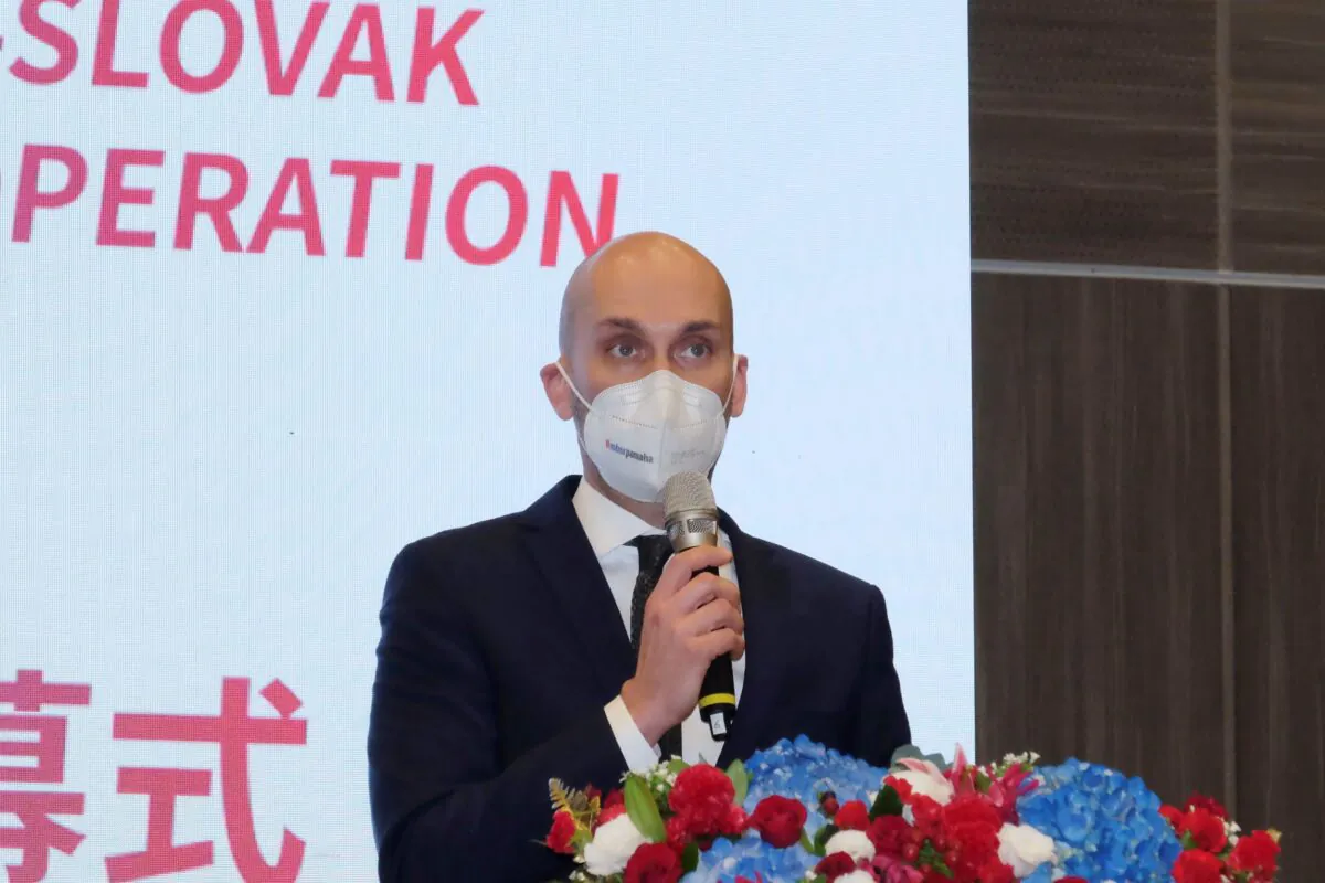 Slovakia's Deputy Economy Minister Karol Galek speaks during the opening ceremony of the 1st session of Taiwanese-Slovak commission on economic cooperation held in Taipei, Taiwan, on Dec. 6, 2021. (Johnson Lai/AP Photo)