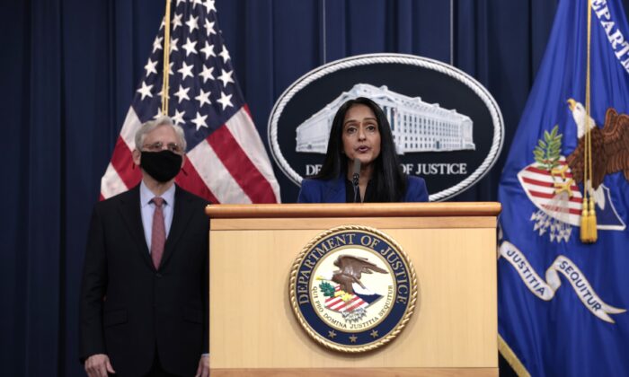 Associate Attorney General Vanita Gupta speaks at a press conference at the Department of Justice in Washington on Dec. 6, 2021. (Anna Moneymaker/Getty Images)