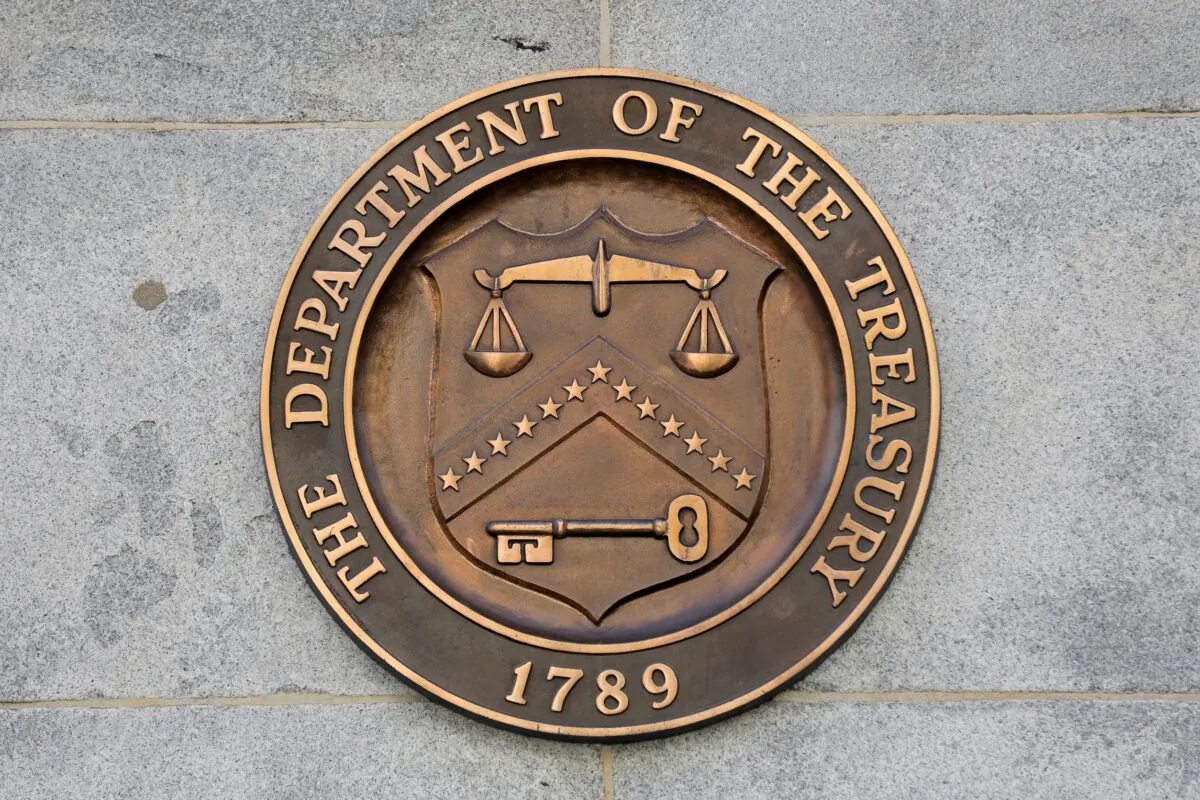 Signage is seen at the United States Department of the Treasury headquarters in Washington, on Aug. 29, 2020. (Andrew Kelly/Reuters)