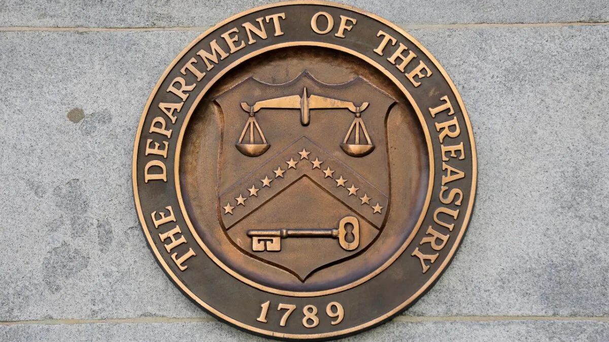 Signage is seen at the United States Department of the Treasury headquarters in Washington, on Aug. 29, 2020. (Andrew Kelly/Reuters)