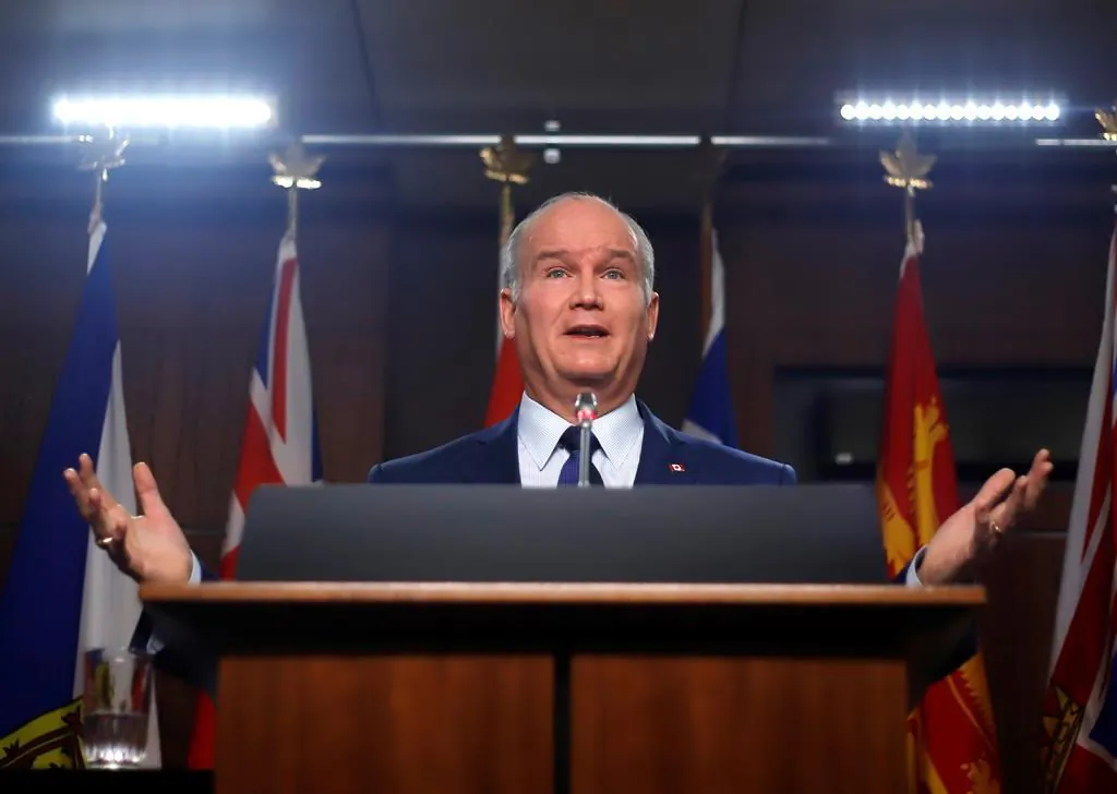 Conservative leader Erin O'Toole responds to a question during a news conference on Parliament Hill in Ottawa, December 6, 2021. (The Canadian Press/ Patrick Doyle)