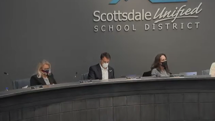 Screenshot of Scottsdale Unified School District School Board Members Dr. Libby Hart-Wells, Jann-Michael Greenburg and SUSD Board Vice President Julie Cieniawski at Nov. 30 meeting. (Patricia Tolson/  Pezou)