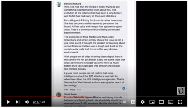 Screenshot from video made by Michael Greenburg of social media post left by Edmund. After reading the post, Greenburg can be heard saying he wants Edmund "to die." 