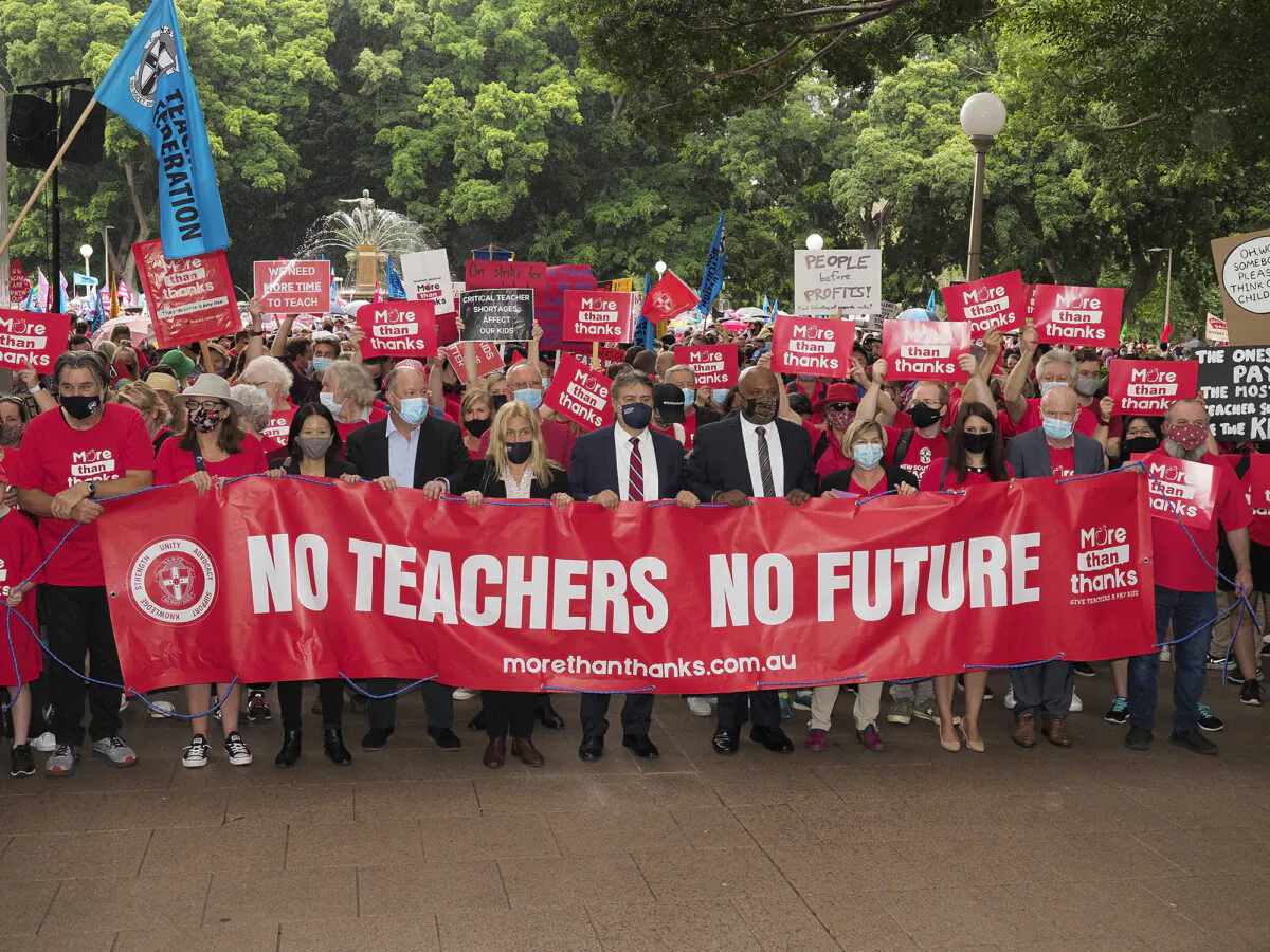 Teachers and principals strike for fairer workloads and wages under the slogan #MoreThanThanks in Sydney, Australia, on Dec. 7, 2021. (Supplied/NSW Teachers Federation)