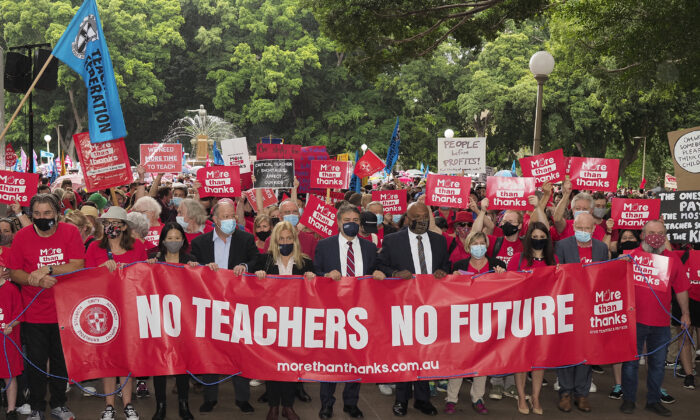 Teachers and principals strike for fairer workloads and wages under the slogan #MoreThanThanks in Sydney, Australia, on Nov. 7, 2021. (Supplied/NSW Teachers Federation)