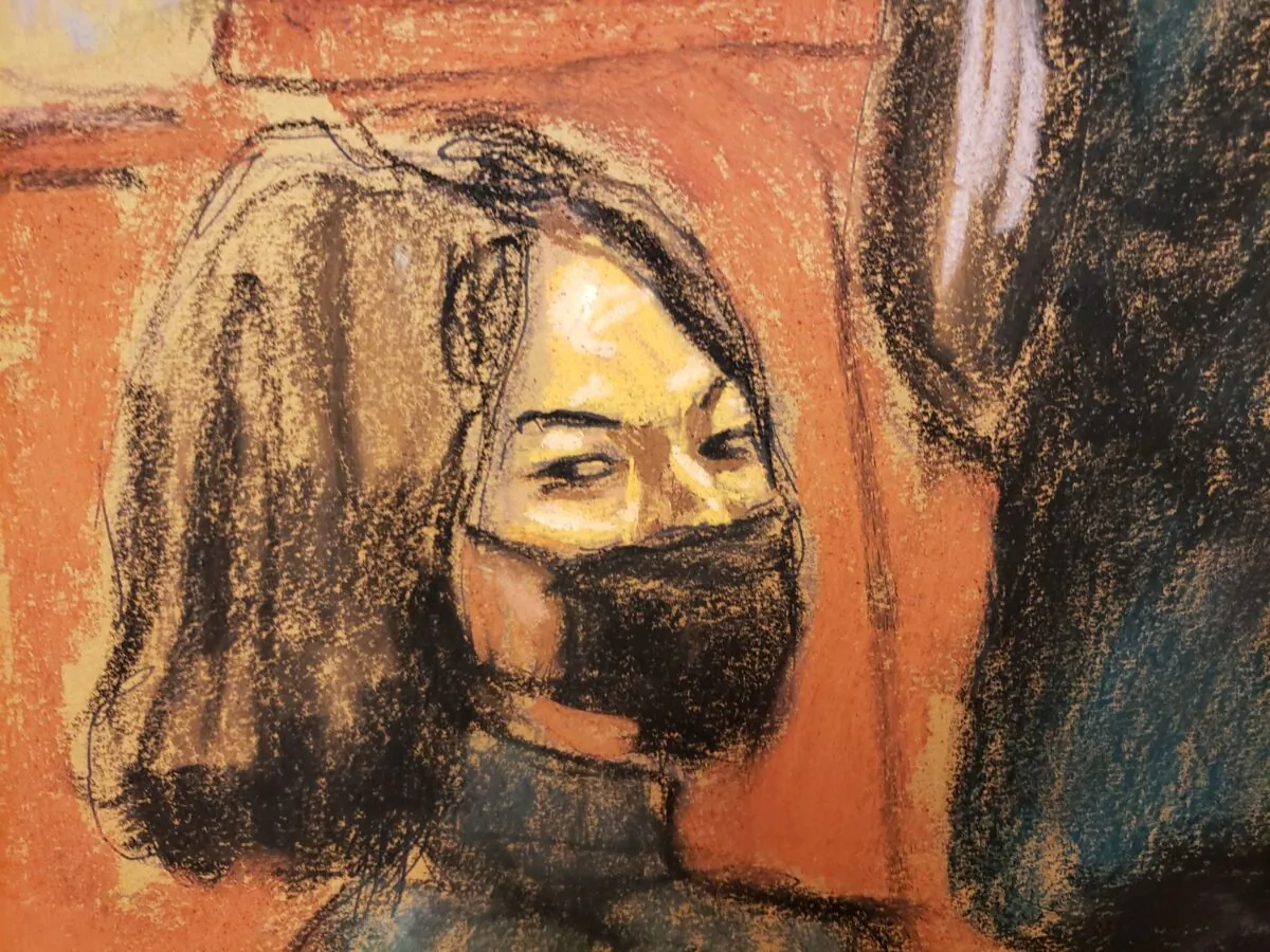 Ghislaine Maxwell listens as witness "Kate" is questioned by prosecutor Lara Pomerantz during the trial of Ghislaine Maxwell, the Jeffrey Epstein associate accused of sex trafficking, in a courtroom sketch in New York City on Dec. 6, 2021. (Jane Rosenberg/Reuters)