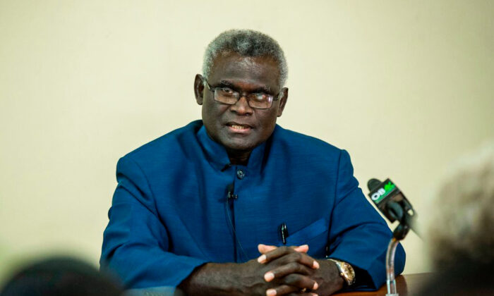 Prime Minister Manasseh Sogavare speaks at a press conference inside the Parliament House in Honiara, Solomons Islands on April 24, 2019. (Robert Taupongi/AFP via Getty Images)